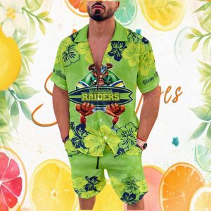 Canberra Raiders Personalized NRL Hawaiian and Shorts Set Green Hibiscus