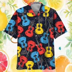 Colorful Retro Acoustic Guitar Pattern Summer Beach Hawaiian Shirt