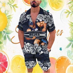 Custom Name Carlton Blues AFL Mascot Hawaiian and Shorts Set Custom Name Carlton Blues AFL Mascot Hawaiian and Shorts Set