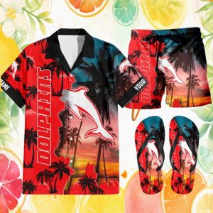 Custom Name Dolphins Sunset Palm Tree Beach Set (Hawaiian , Shorts, Flip Flops) Custom Name Dolphins Sunset Palm Tree Beach Set (Hawaiian , Shorts, Flip Flops)