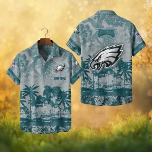 Custom Name Philadelphia Eagles NFL Grey & Teal Tropical Palm Hawaiian