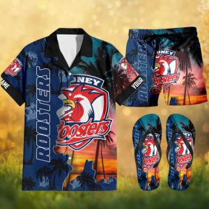 Custom Name Sydney Roosters NRL Hawaiian, Shorts, and Flip Flops Set