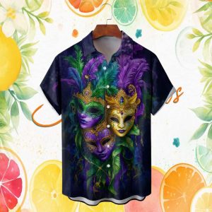 Elegant Mardi Gras Masquerade Purple & Gold Feather Hawaiian Shirt