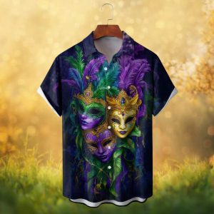 Elegant Mardi Gras Masquerade Purple & Gold Feather Hawaiian Shirt