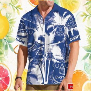 Everton FC Personalized Blue & White Palm Tree Hawaiian Everton FC Personalized Blue & White Palm Tree Hawaiian