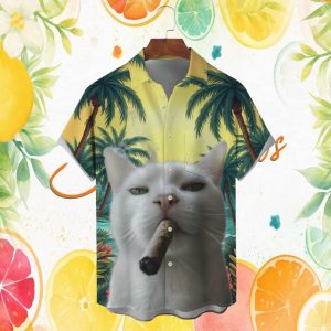 Funny Cool White Cat Smoking Cigar Tropical Beach Summer Button Down