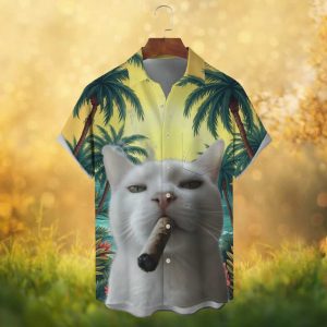Funny Cool White Cat Smoking Cigar Tropical Beach Summer Button Down