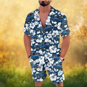 Holden Vintage Blue Car White Floral Pattern Hawaiian and Shorts