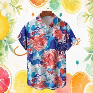 Japanese Style Red Chrysanthemum Floral Blue Cloud Pattern Hawaiian Shirt