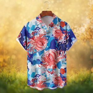 Japanese Style Red Chrysanthemum Floral Blue Cloud Pattern Hawaiian Shirt