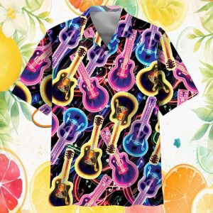 Neon Electric Guitar & Musical Notes Glow Print Party Hawaiian Shirt