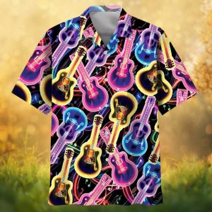 Neon Electric Guitar & Musical Notes Glow Print Party Hawaiian Shirt