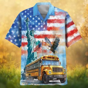 Patriotic American School Bus Driver Hawaiian Shirt Statue of Liberty & Eagle