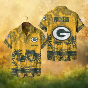 Personalize Name Green Bay Packers NFL Gold Tropical Floral Hawaiian