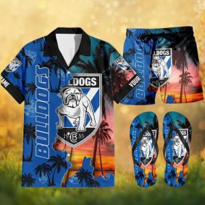 Personalized Bulldogs Team Logo Tropical Sunset 3 Piece Summer Beach Outfit