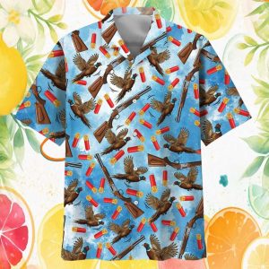 Pheasant Hunting and Shotgun Shells Blue Aloha Hawaiian Shirt