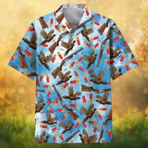 Pheasant Hunting and Shotgun Shells Blue Aloha Hawaiian Shirt