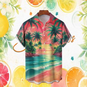 Pink Sky Island Paradise Sunset Palm Tree Hawaiian Hawaiian Shirt