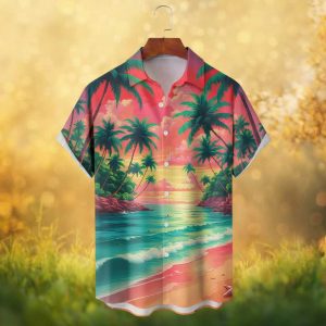 Pink Sky Island Paradise Sunset Palm Tree Hawaiian Hawaiian Shirt
