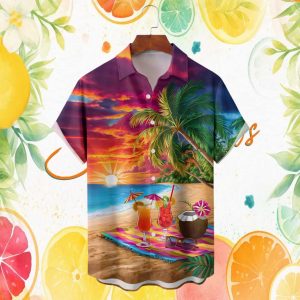 Tropical Beach Cocktail Picnic Sunset Paradise Island Vacation Hawaiian Shirt