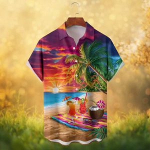 Tropical Beach Cocktail Picnic Sunset Paradise Island Vacation Hawaiian Shirt