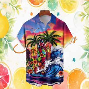 Vibrant Surfboard Ocean Wave Sunset Tropical Hibiscus Floral Hawaiian Shirt