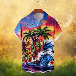 Vibrant Surfboard Ocean Wave Sunset Tropical Hibiscus Floral Hawaiian Shirt