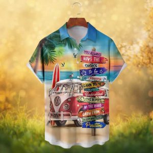 Vintage Camper Van Beach Signpost Positive Quotes Surf Style Hawaiian Shirt