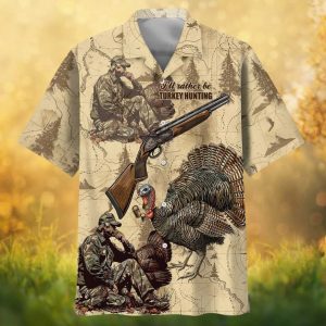 Vintage Turkey Hunting Map Pattern Hawaiian Shirt   I’d Rather Be Hunting