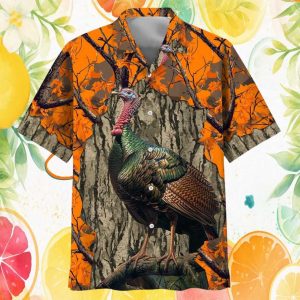 Wild Turkey Camouflage Forest Hunting Button Down Hawaiian Shirt