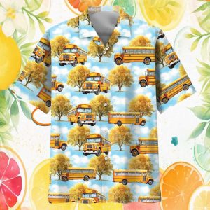 Yellow School Bus & Autumn Trees All Over Print Hawaiian Shirt