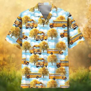 Yellow School Bus & Autumn Trees All Over Print Hawaiian Shirt