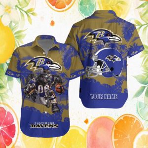 Baltimore Ravens Custom Name NFL Hawaiian Shirt Mascot & Helmet Design Baltimore Ravens Custom Name NFL Hawaiian Shirt Mascot & Helmet Design