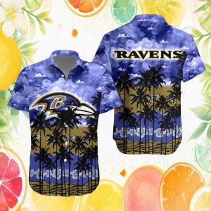 Baltimore Ravens NFL Tropical Hawaiian Shirt Blue Sky Clouds & Hibiscus Baltimore Ravens NFL Tropical Hawaiian Shirt Blue Sky Clouds & Hibiscus