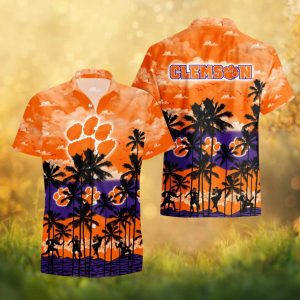 Clemson Tigers NCAA Orange Sunset Beach Paw Print Hawaiian Shirt
