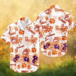 Clemson Tigers NCAA Orange and Purple Hibiscus White Hawaiian Shirt