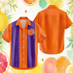 Clemson Tigers NCAA Striped Orange and Purple Button Down Hawaiian Shirt