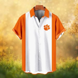 Clemson Tigers NCAA Vertical Stripe Short Sleeve Button Down Hawaiian Shirt