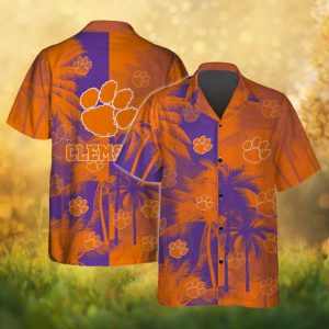 Clemson Tigers Orange and Purple Sunset Palm Tree Paw Print Hawaiian Shirt