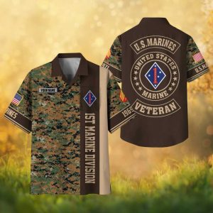 Custom 1st Marine Division USMC Woodland Camo Veteran Hawaiian Shirt