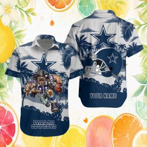 Custom Name Dallas Cowboys Cowboy Mascot & Helmet Hawaiian Shirt Custom Name Dallas Cowboys Cowboy Mascot & Helmet Hawaiian Shirt