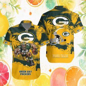 Custom Name Green Bay Packers Mascot & Helmet Tropical Leaf Shirt Custom Name Green Bay Packers Mascot & Helmet Tropical Leaf Shirt