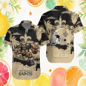 Custom Name New Orleans Saints Football Player & Helmet Floral Hawaiian Shirt Custom Name New Orleans Saints Football Player & Helmet Floral Hawaiian Shirt