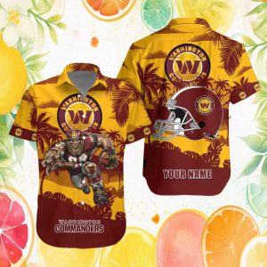 Custom Name Washington Commanders Mascot & Helmet NFL Aloha Shirt Custom Name Washington Commanders Mascot & Helmet NFL Aloha Shirt
