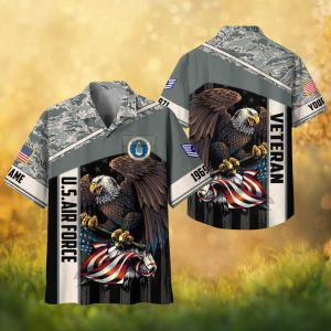 Custom U.S. Air Force Veteran Eagle Flag Grey Camo Personalized Hawaiian Shirt