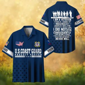 Custom U.S. Coast Guard Proudly Served Veteran Navy Blue Hawaiian Shirt