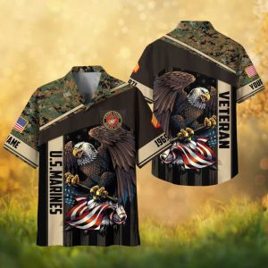 Custom U.S. Marines Veteran Eagle American Flag Digital Camo Hawaiian Shirt