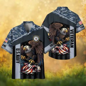 Custom U.S. Navy Veteran Eagle American Flag Blue Camo Hawaiian Shirt