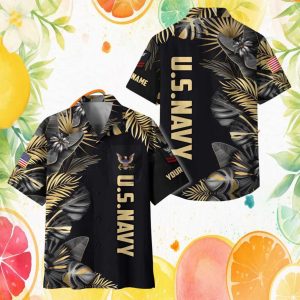 Custom U.S. Navy Veteran Name & Rank Hawaiian Shirt Black & Gold Custom U.S. Navy Veteran Name & Rank Hawaiian Shirt Black & Gold