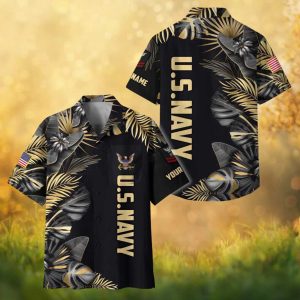 Custom U.S. Navy Veteran Name & Rank Hawaiian Shirt Black & Gold